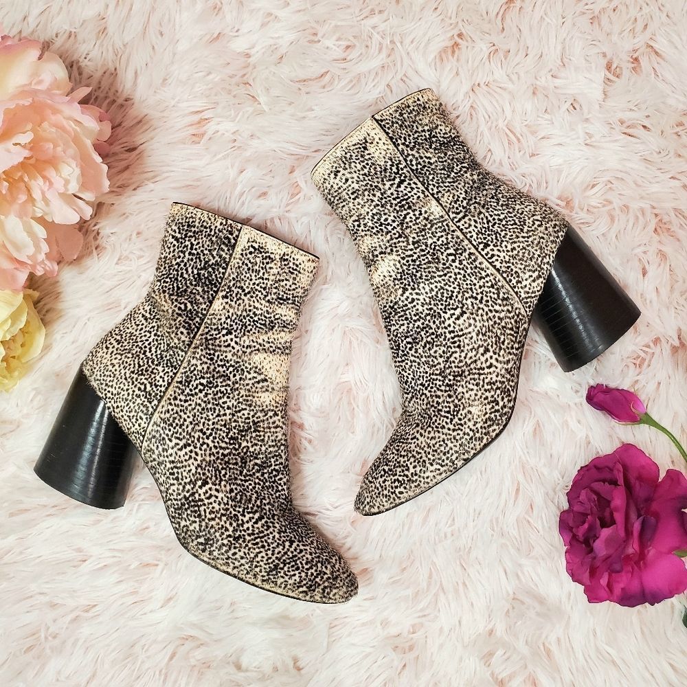 Linea Paolo Real Fur Spotted Print Chunky Heel Ankle Bootie